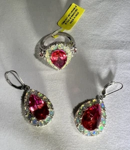 Luxe Pink “sunset” Topaz Welo Opal Ring size 9 + Teardrop Earrings 925 Set NWT - Picture 1 of 5