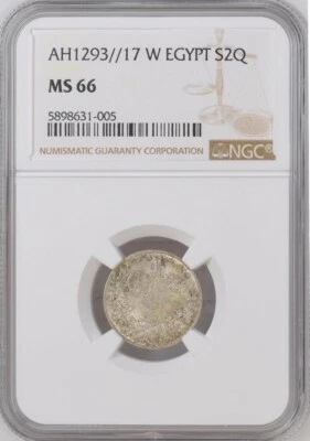 EGYPT - OTTOMAN , 2 QIRSH ABDUL HAMID II 1293/17 NGC MS 66 TOP POP  (XL) , RARE - Image 1 of 2