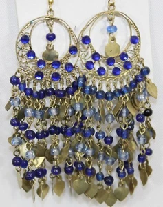 NWT Vibrant Blue Glass & Bead Gold Tone Gypsy BOHO Hippie Hook Long Earrings - Picture 1 of 2