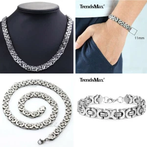 Collar de cadena bizantina plana de acero inoxidable plateado + pulsera conjunto de joyas regalo - Imagen 1 de 12