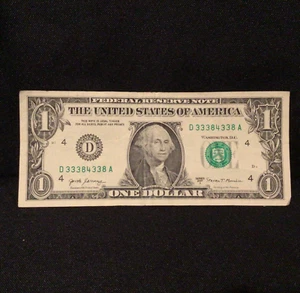 TRINARY SERIAL REPEATER NUMBER $1 DOLLAR NOTE 5 of a kind BILL 33384338 (2017A) - Picture 1 of 6