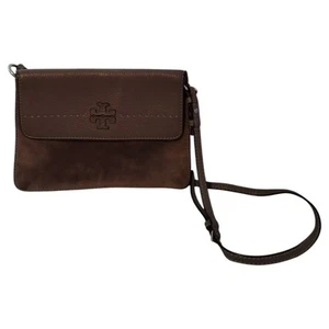 Tory Burch McGraw Shoulder Crossbody Bag Mixed Leather Suede Silver Maple Logo - Picture 1 of 7