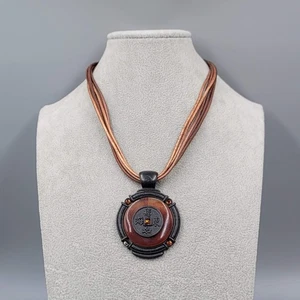 Chicos Medallion Necklace Brown Cord Asian Round Pendant 16"-18" - Picture 1 of 9