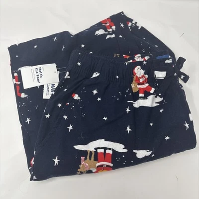 Old Navy Flannel Pajama Lounge Pants Santa Claus Reindeer Drawstring Blue L NWT - Image 1 of 4