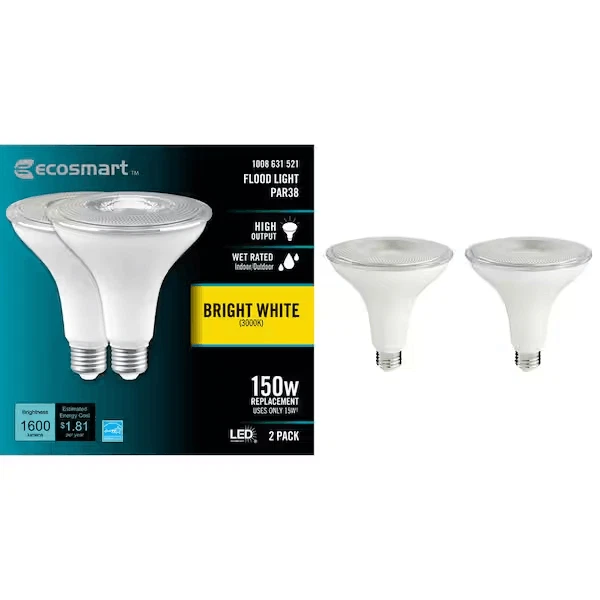 2 Pack EcoSmart PAR38 150W/15W LED Flood 3000K 1600 Lumen | Dimmable Energy Star - Image 1 of 1