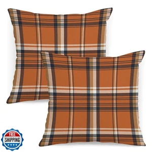 AOFANGGO Fall Plaid Pillow Covers 18x18 Set of 2 Orange Brown Buffalo Plaid T - Picture 1 of 5