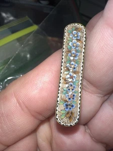 Antike Micro Mosaik Stabbrosche um 1900 floral blau Messing gebraucht - Bild 1 von 9