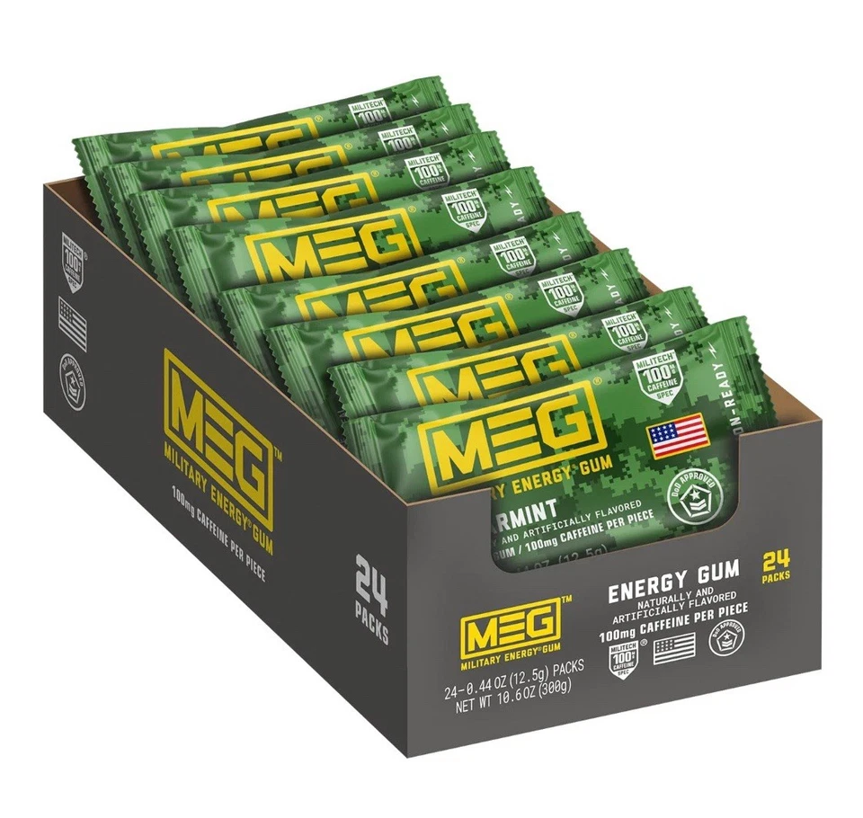 Goma de mascar de energía militar Meg Spearmint, paquete de 24, paquetes de 5 piezas de cafeína de 100 mg Foto 1 de 4