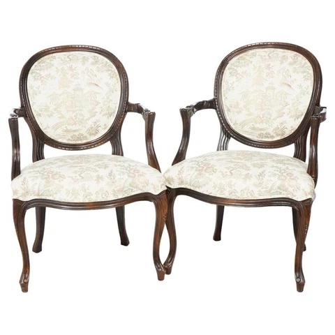 Pair French Style Upholstered Mahogany Arm Chairs 20th C Cover