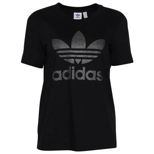 Adidas Womens Adidas Logo Glitter Trefoil Tee T Shirt Top Cotton Black Size XS