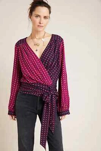 New! 2 Anthropologie Maeve Red Floral Wrap "Lisa Puff-Sleeved Blouse " Top - Picture 1 of 10