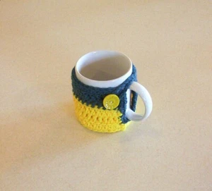 Hand Crochet Dusty Teal Green & Yellow Buttoned Coffee Mug Cozy - Picture 1 of 4