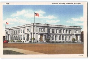 Postcard Memorial Building Ironwood MI c1940s US Flag CT Colortone Northern Post - Picture 1 of 2