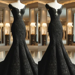 Gothic Black Mermaid Wedding Dresses Lace Appliques Off Shoulder Bridal Gowns - Picture 1 of 9