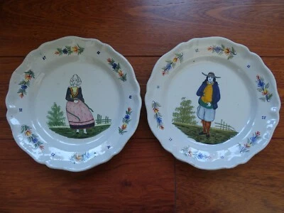 VINTAGE TWO PLATES CERAMIC HB QUIMPER  FRANCE COUPLE BRETON 19th Century - Image 1 of 4