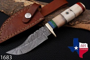HAND FORGED DAMASCUS STEEL HUNTING KNIFE W/BUFFALO BONE & BRASS GUARD HANDLE1683 - Picture 1 of 5