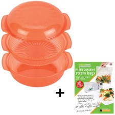 Dishwasher Safe Microwave Oven Steamer Dish Steaming Rack Pot + Quick Steam Bags