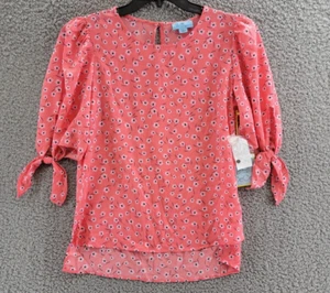 CeCe Printed 3/4-Tie Sleeve Crew Neck Blouse Women's S Calypso Coral Back Button - Picture 1 of 16