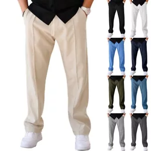 Mens Casual Pants Elastic Waist Drawstring Pants Wide-Leg Trousers with Pockets - Picture 1 of 20