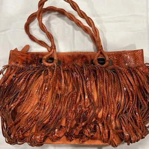 Tosca Blu Handbag Italy Leather Embossed Snakeskin Hobo Bag Fringe Large Orange - Picture 1 of 11