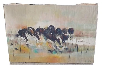 Raro 1966 Danny Garcia Original Pintura al Óleo Abstracto Toros Estampida/36x24" Foto 1 de 4