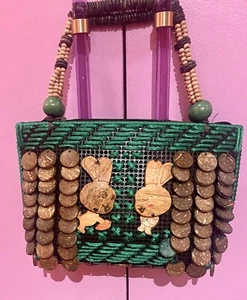 Handcrafted THAI Folk Art Coconut Shell Handbag CUTE RABBITS! OOAK - Picture 1 of 15