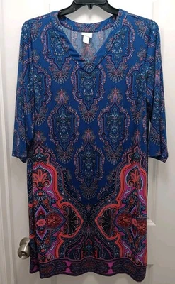 Chico’s Sz. 3 (XL) Sheath Dress Dark Teal, Orange multi IKAT Paisley Print - Image 1 of 4