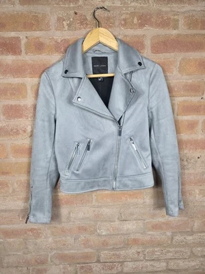 New Look Grey Faux Suede Biker Leather Jacket Size 8 - Image 1 of 4