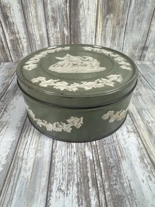 Vintage Green Tin with White Classical Relief, 7"x3" Round Collectible Canister - Picture 1 of 6