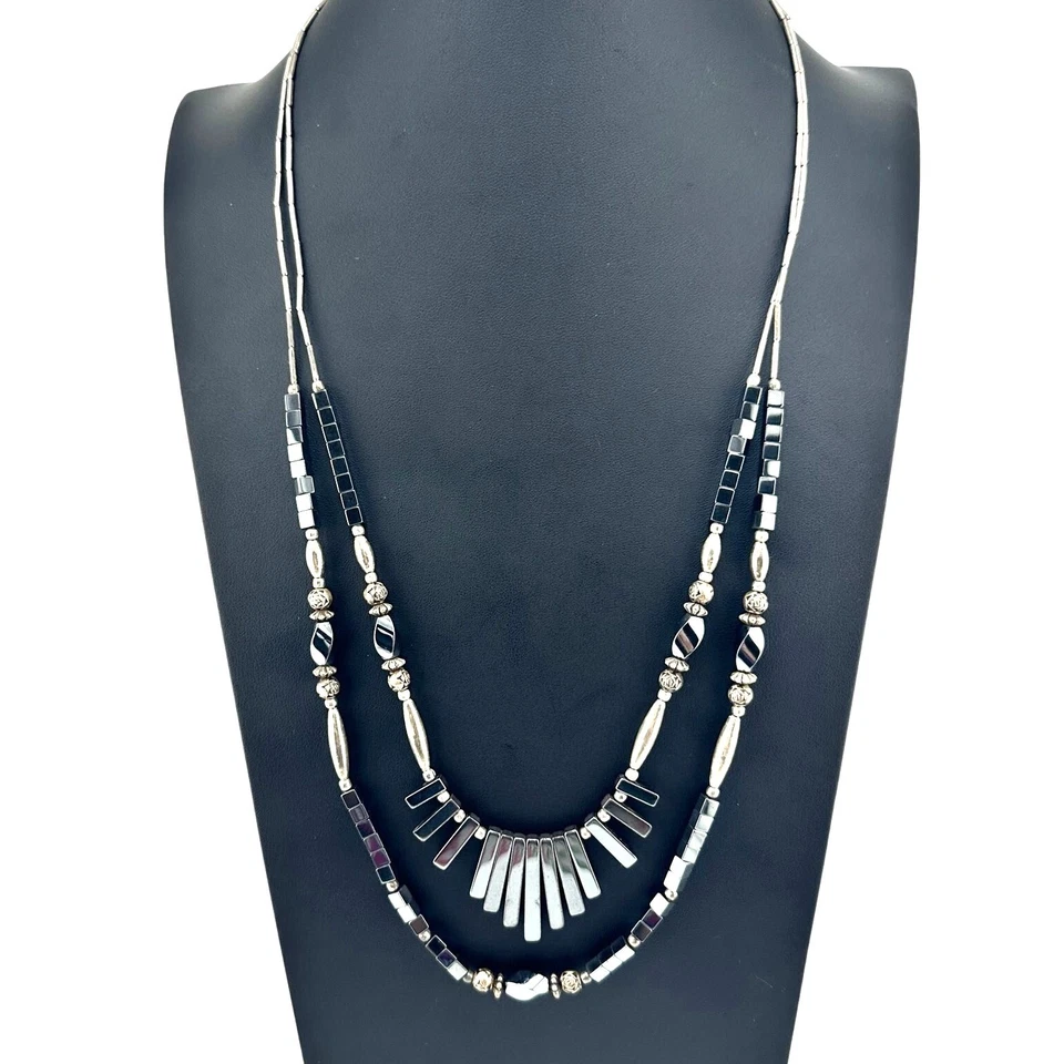 Vintage Gray Hematite Beaded Double Strand Fringe Silver Tone 26" Necklace - Image 1 of 4