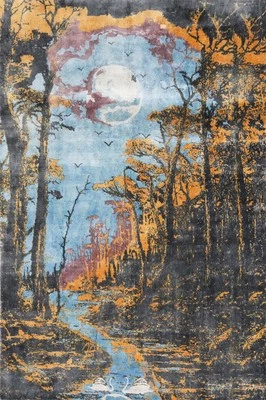 Dreamy Forest Scene with Full Moon and River Modern Handmade Area Rug 6x8 Carpet - Image 1 of 4