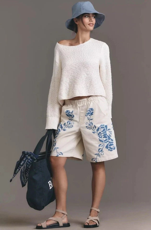 Bermudas para mujer Pilcro azul floral sobre crema talla XS Foto 1 de 4