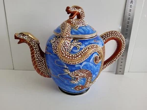 Japanese Blue Moriage Handpainted Dragonware Kutani Teapot Tea Pot 19cm High - Bild 1 von 10