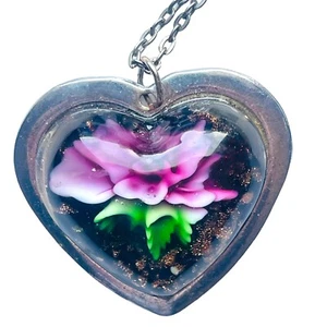 Vintage Lampwork Glas Herz Anhänger Halskette Murano Stil Blume Folie 20" Kette - Bild 1 von 18