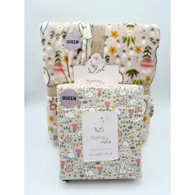 Juego de manta y sábanas de felpa Spring Wishes conejito floral tamaño queen suave Pascua nuevo con etiquetas Foto 1 de 4