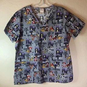 Disney Halloween Mickey Minnie Goofy Pluto Haunted House Scrub Top Medium 0304 - Picture 1 of 7