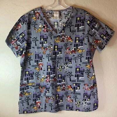 Disney Halloween Mickey Minnie Goofy Pluto Haunted House Scrub Top Medium 0304 - Image 1 of 4