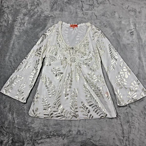 Hale Bob Top Womens M White Silk Blend Metallic Gold Leaf Cabana Beach Tunic - Picture 1 of 9