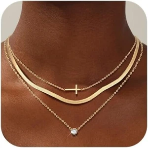 Women’s Gold Cross Necklace 14K Plated Layered Cubic Zirconia Pendant Stackable - Picture 1 of 7
