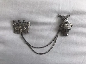 Vintage LANG Sterling Silver Dutch Colonial Dancing People/ Windmill Pin Brooch - Picture 1 of 8
