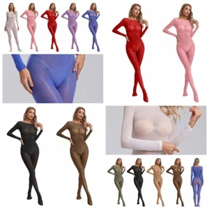 Women Jumpsuit Sexy Romper Long Sleeve Bodysuit Pajamas Footed Unitard Sheer - Picture 1 of 106