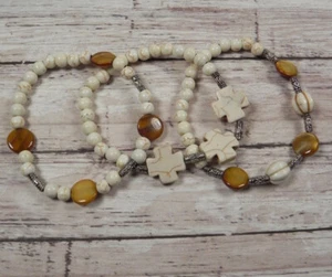 Howlite Coin Shell Beaded Handmade Boho 3 Bracelets White Brown Copper 7" - Picture 1 of 5