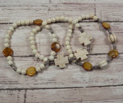 Howlite Coin Shell Beaded Handmade Boho 3 Bracelets White Brown Copper 7" - Image 1 of 4