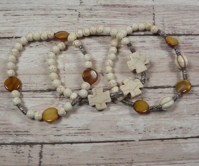 Howlite Coin Shell Beaded Handmade Boho 3 Bracelets White Brown Copper 7" - Image 1 of 4