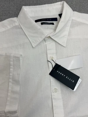 NWT Perry Ellis Mens Linen cotton Button Up Shirt Size M Mens Short Sleeve white - Image 1 of 4
