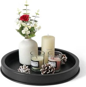 Black Metal Round Decorative Tray – 11.4" Farmhouse Coffee Table Centerpiece - Picture 1 of 7