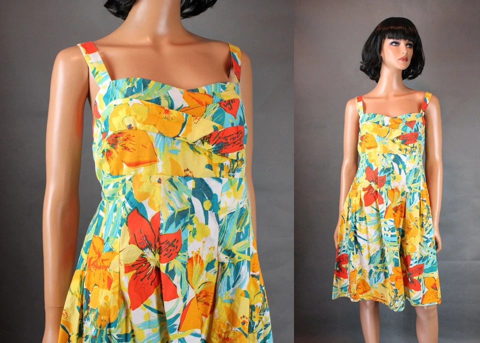Vestido Hawaiano Vintage Talla 14 L Amarillo Azul Blanco Calado Sin Mangas Algodón R&K Foto 1 de 4