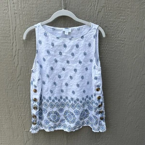 J.Jill Love Linen Sleeveless Top Size M Petite Floral Button Detail Ivory - Picture 1 of 7