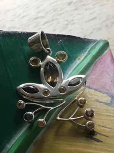 Adorable Abstract Sterling Silver Frog Pendant with Citrine and Smokey Quartz - Picture 1 of 5
