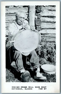 KOTZEBUE ALASKA ESKIMO DRUMS WILL SOON BEAT VINTAGE REAL PHOTO POSTCARD RPPC - Picture 1 of 2